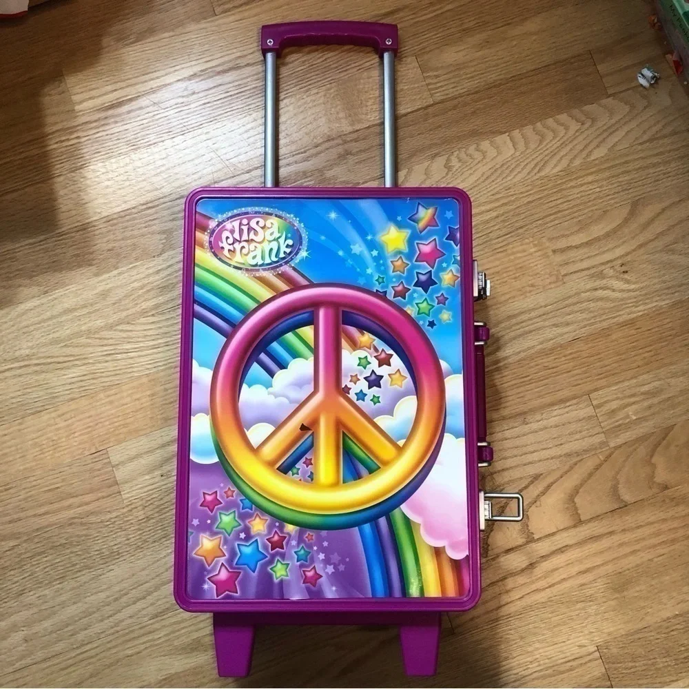 Vintage Lisa Frank Rolling Luggage Peace Sign Handle Purple Pink Rainbow